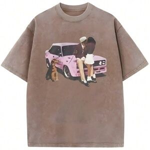Brown Graphic T-Shirt with Pink Car Design Shein size XL